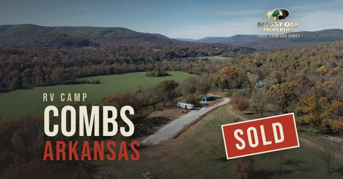 Aerial view of a sold RV camp property in Combs, Arkansas, with Ozark mountain views